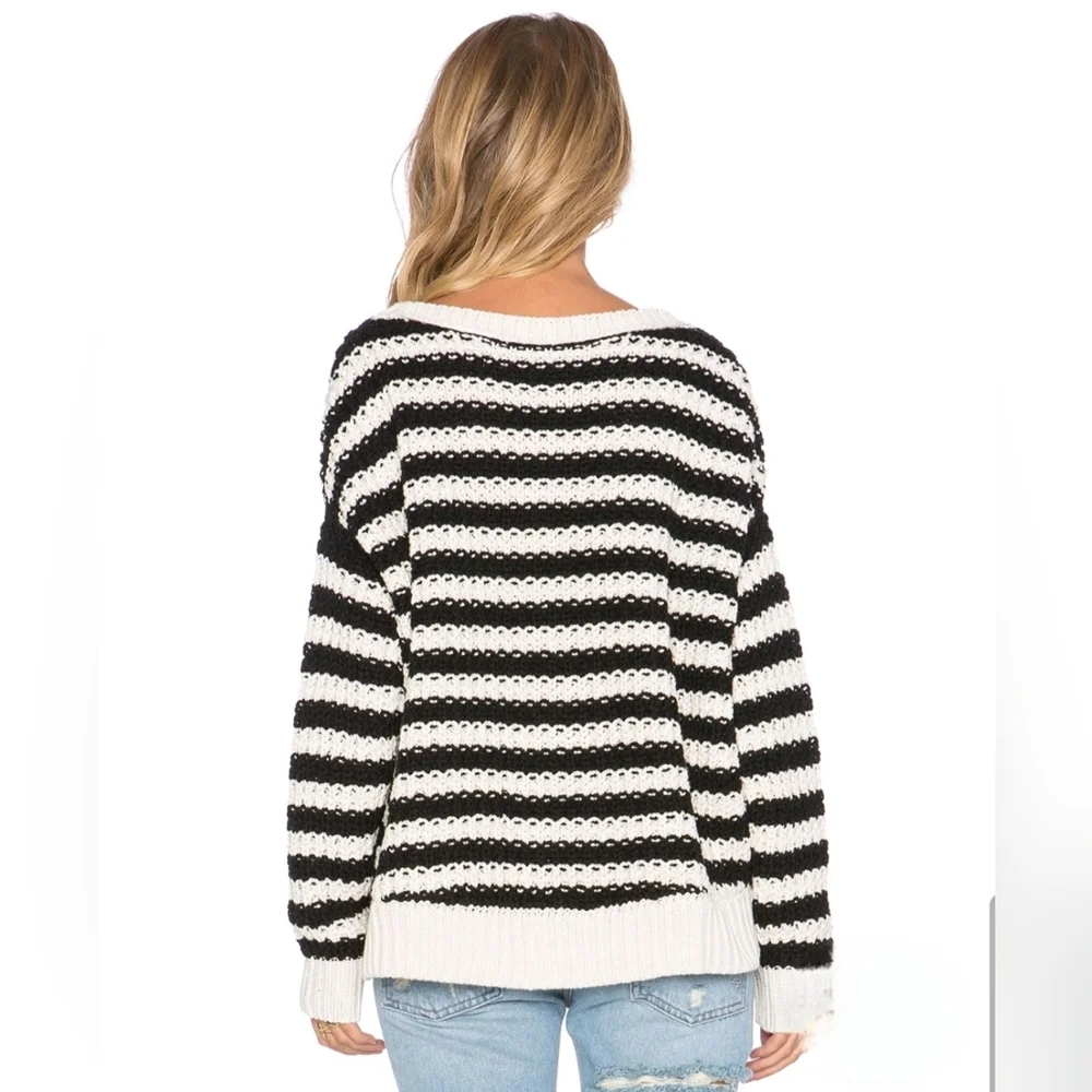 Free People At The Beach  Long Sleeve Cotton Pullover Sweater Ivory/Black Sz Med
